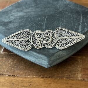 Vintage Filigree Brooch Pin Intricate Scroll Design Artisan Silver | Sterling